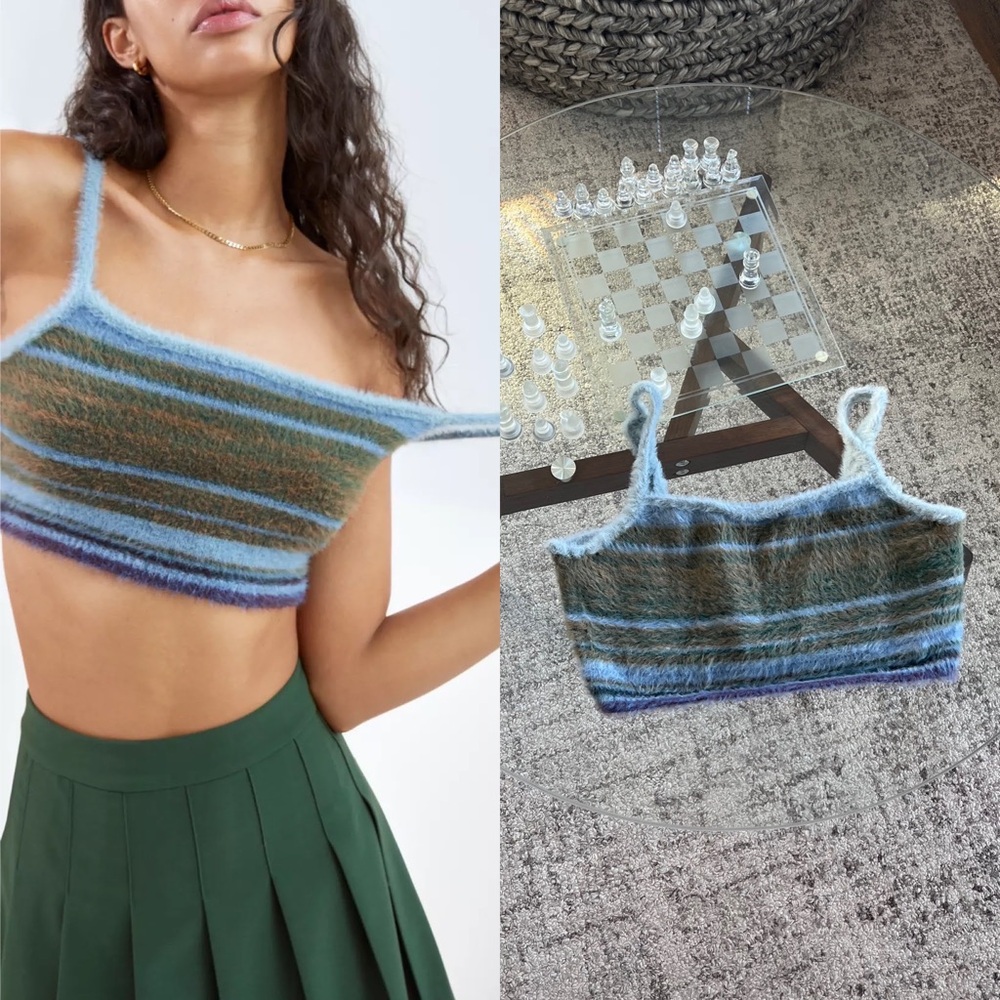 Aritzia Striped Fuzzy Crop Top - Blue and Green Sz M